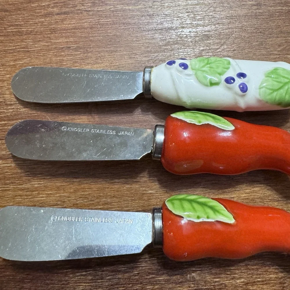 Vintage Knobler Ceramic Butter Spreader Knives Stainless Made In Japan Set‎ Of 3